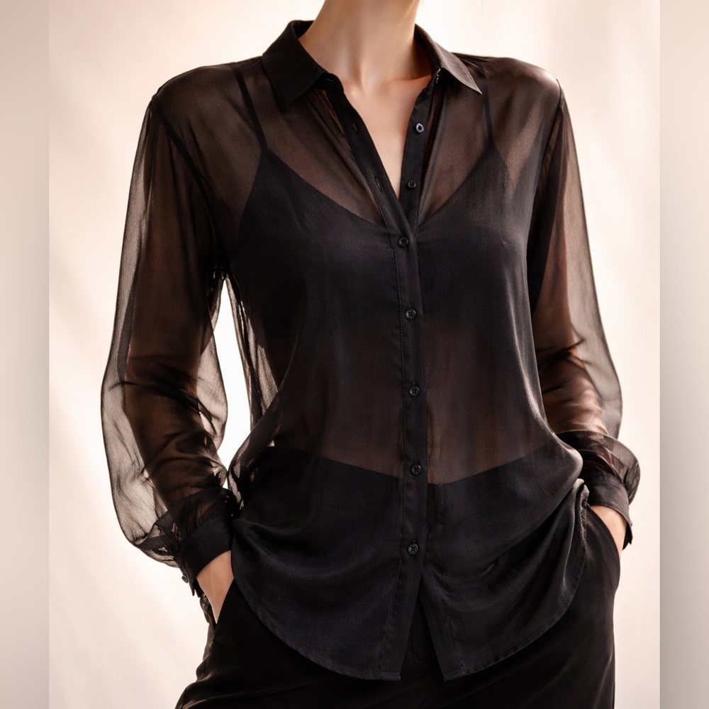 City Chic Sheer Black Button-Down Blouse 🖤 | L | Elegant & Flowy